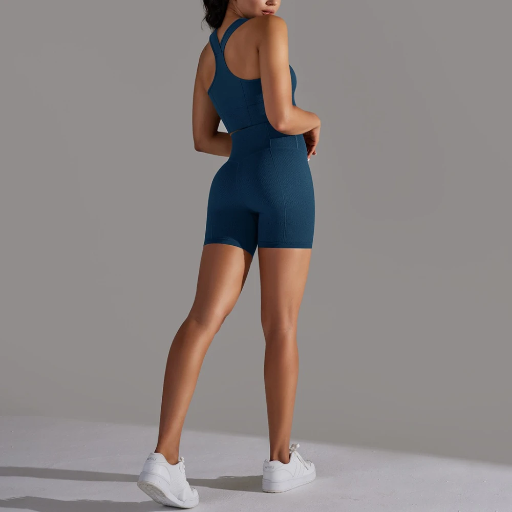 

MIMl 2025 Seamless Knitted High Elasticity Backless Vest Tight Breathable Sports Shorts Yoga Two-Piece Set Fitness Outfit