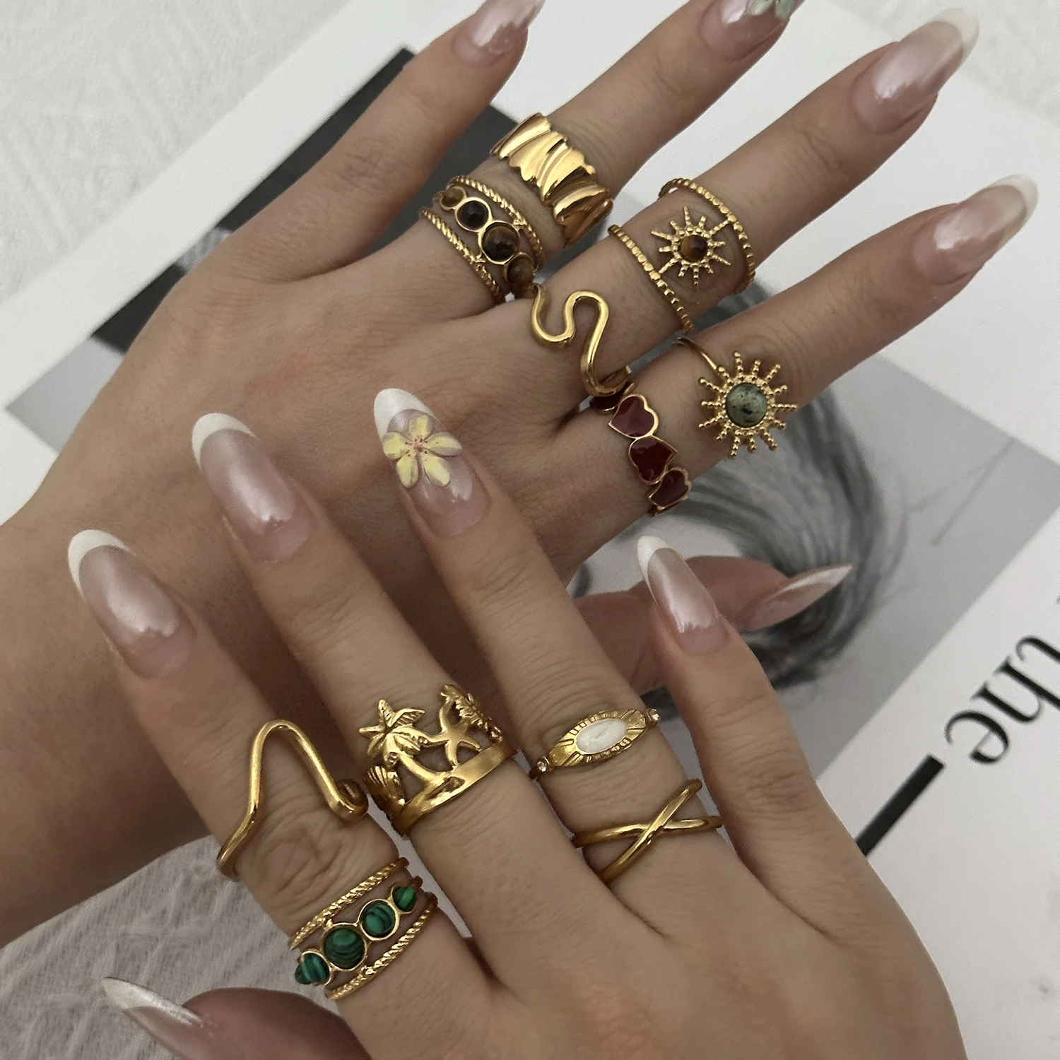 Stainless Steel Vintage Sun Coconut Tree Starfish Rings For Women Red Heart Tiger Eye Stone Stackable Finger Ring Party Jewelry