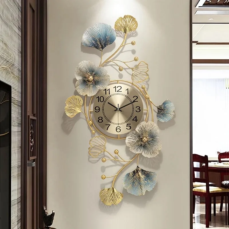 Large Wall Clock Modern Design Metal Living Room Decoration Golden Wall Watches Home Decor Luxury Creative Art Ginkgo Leaf Clock