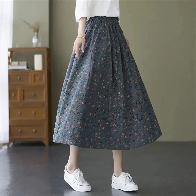 

Women Casual Skirts New Arrival 2024 Autumn Vintage Style Floral Print Loose Comfortable Ladies Elegant A-line Long Skirt