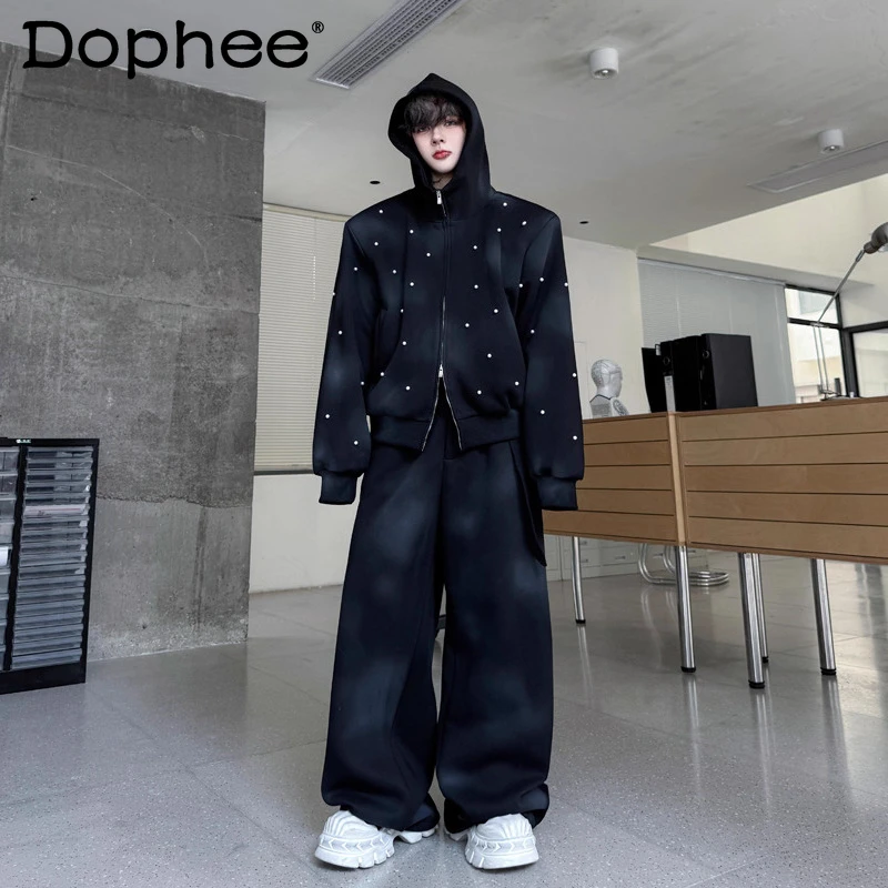 

Мужской осенне-зимний новый комплект из двух предметов 2025, высококачественные стильные куртки с капюшоном из бисера в американском стиле, толстовки, комплекты широких брюк