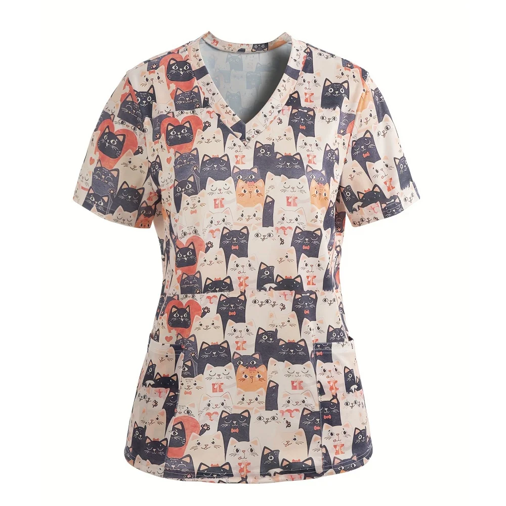 Uniformi chirurgiche Donna Adorabile animale Cartoon Stampa Veterinario Infermiera Top Moda Scollo a V Manica corta T-shirt Uniforme medica per le donne