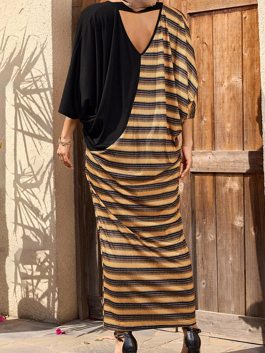 Elegant Moroccan Style Maxi Dress with Geometric Pattern Flowy Sleeves and Flattering V-Neckline for Summer and Spring Fashion