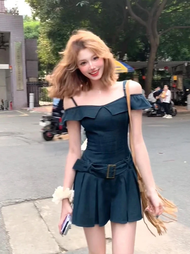 

XZY Sexy Chic plus Size Women's Denim One oulder Dr Summer Waist Cinching Skirt Korean Sle Commute Faion