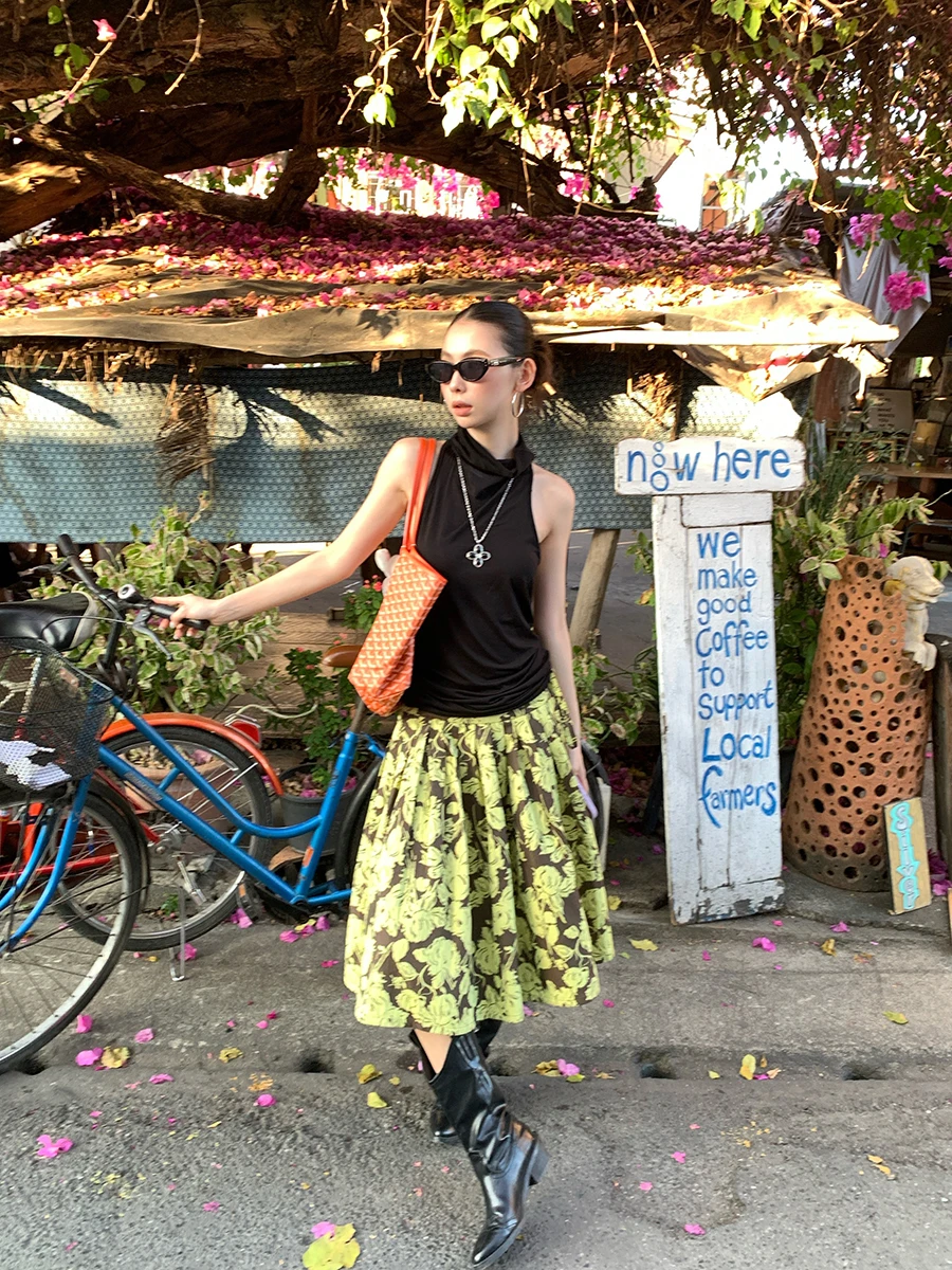 

Юбка-трапеция Browan с цветочным принтом, женская, весенняя, с завязками, с завышенной талией, плиссированная, с цветочным принтом, средней длины