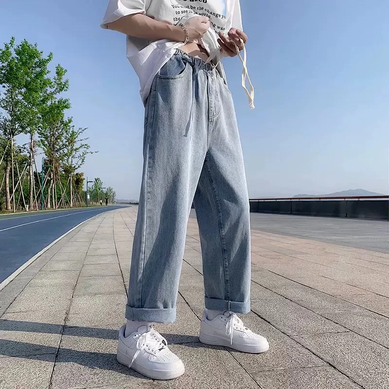 

Men's Retro High Street Elastic Waist Jeans Straight Leg Loose Wide Leg Pants Versatile Long Trousers Trendy Brand New 2026