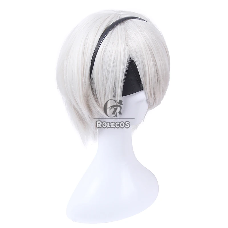Rolecos Nier: Automata 2b Yorha Nr. 2 Heldin Cosplay Pruiken 30Cm Vrouwen Kort Zilver Wit Cos Pruik Hittebestendig Synthetisch Haar