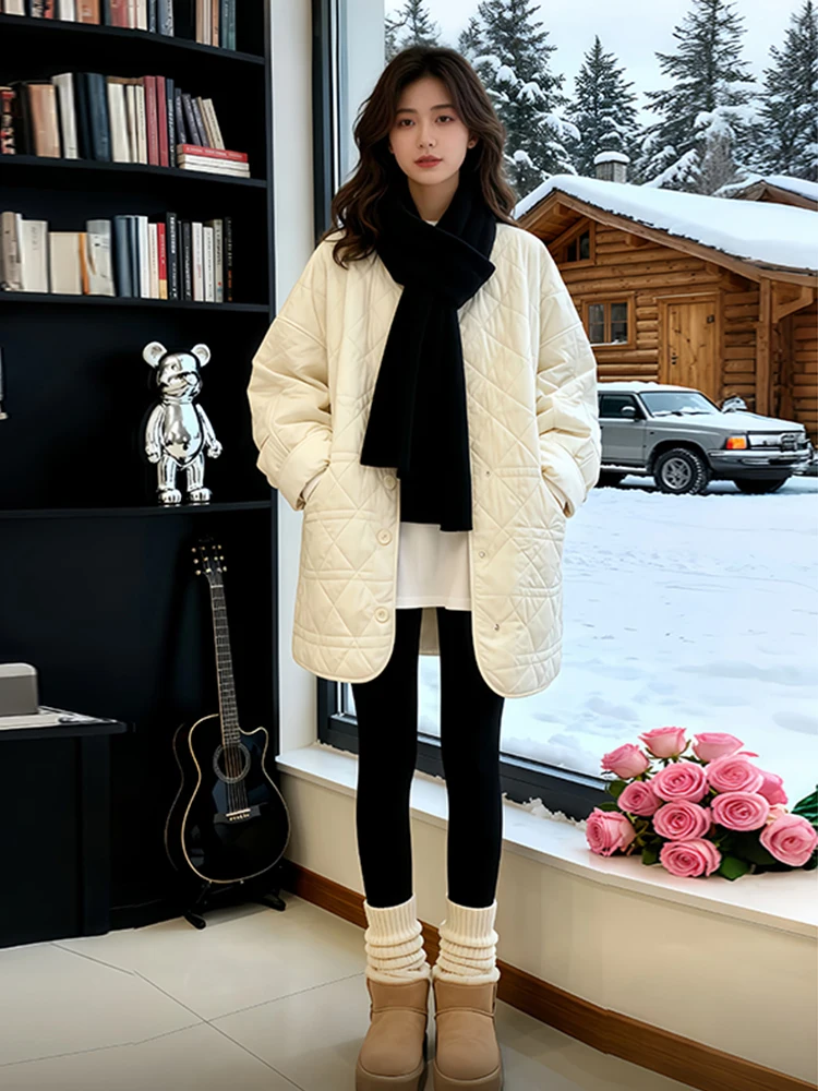 

Stylish Mid-Length Cotton Jacket Winter Outerwear Padded Coat Korean Style Loose Fit Long Sleeve Stand Collar Button down