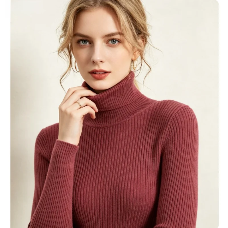 Turtleneck Long Sleeved Jumper Knitted Womens Autumn Winter Tops Slimming Woman Pullover Sweater Basics Female Korean Elegent