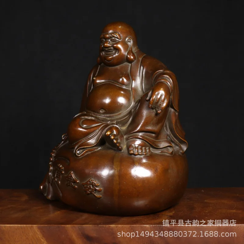 Pure Copper Gold Bag Brass Laughing Reclining Maitreya Buddha Statue Ornament Office Living Room C
