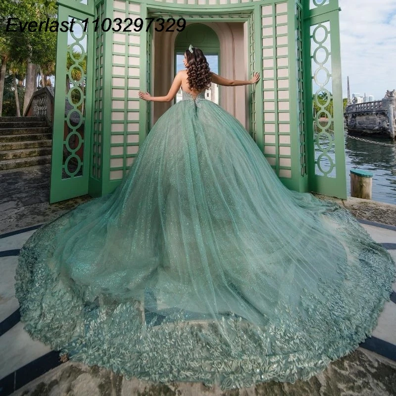 EVLAST Vestido De quinceañera De salvia brillante, Vestido De baile, apliques De encaje con cuentas fuera del hombro, corsé De tul dulce 16, 15 años, TQD527