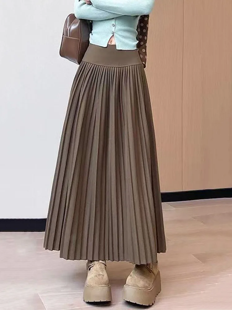 Autumn Faux Wool Pleated Skirt Women Korean High Waist Elegant Office Lady Midi Skirt Vintage Patchwork All Match A Line Skirts