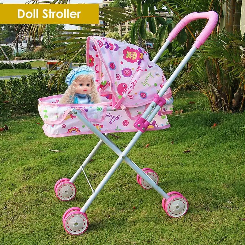 Versatile Doll Stroller Foldable With Canopy Kid Stroller Dress Girls Stroller Ages 3+ Kids Gift Toy Girl Doll Accessories Girls