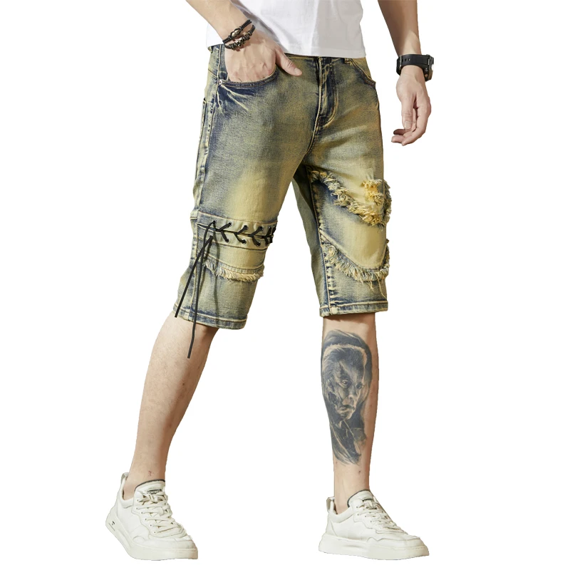 Pantalones cortos de mezclilla rasgados personalizados para hombre, diseño de cuerda de costura, pantalones de motocicleta, pantalones cortos desgastados Retro elásticos delgados, Verano