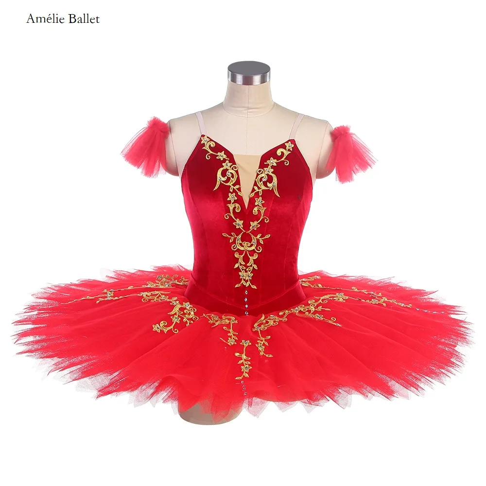 BLL583 Red Velvet Bodice with Gold Trim Pre-professional Ballet Tutu Girls & Women Stage Perforamcne Dance Costumes