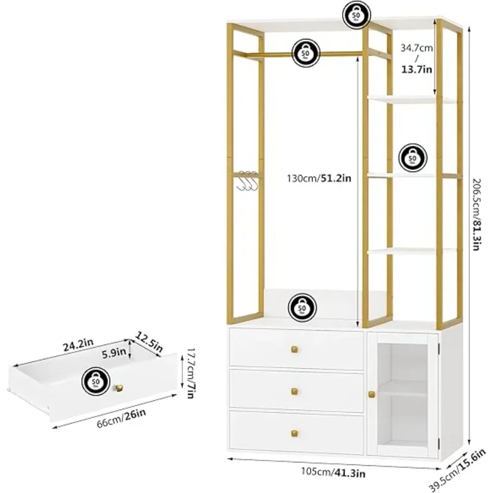 Closet Organizer System, 81.3”H Garment Rack with 3 Wood Drawers and Storage Shelves, Clothes Rack with Hanging Rod