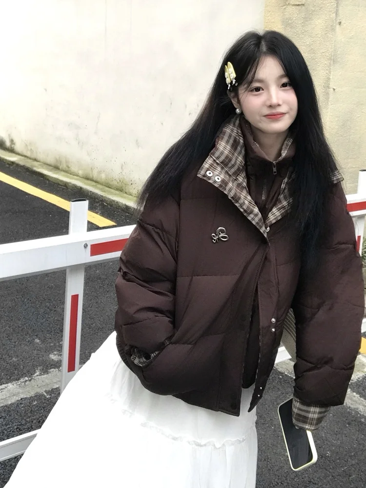 Chaqueta de algodón empalmada a cuadros para mujer, abrigo falso de dos piezas con cuello levantado, versión coreana, holgado y versátil, estilo ins, Otoño e Invierno