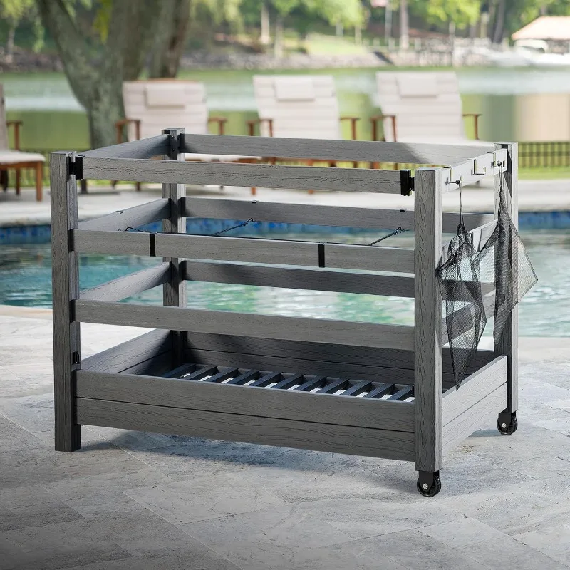 Organizador junto a la piscina WoodTek de 3,4 pies de alto x 4,6 pies de ancho x 2,8 pies de largo y estante de almacenamiento para flotadores de piscina, almacenamiento con ruedas para juguetes, flotadores y acceso
