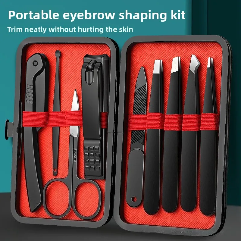 9 Pcs Beauty Tool Set Stainless Steel, Eyebrow Razor & Tweezers Kit with Eyelash Tools & Nail Clippers, Red Black Travel Case