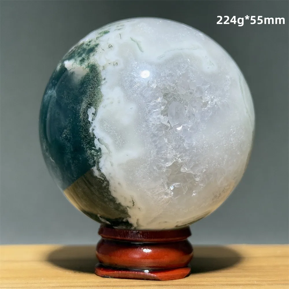 Natural Mineral Quartz Moss Agate Crystal Ball Home Feng Shui Lucky Ornaments Reiki Healing Spiritual Meditation Gem+Base