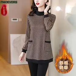 L-5XL Loose Clothes Women Winter Warm Thick Basic Wear Plaid Shirts Elegant Office Lady Casual Retro Vintage Peplum Tops Blouses