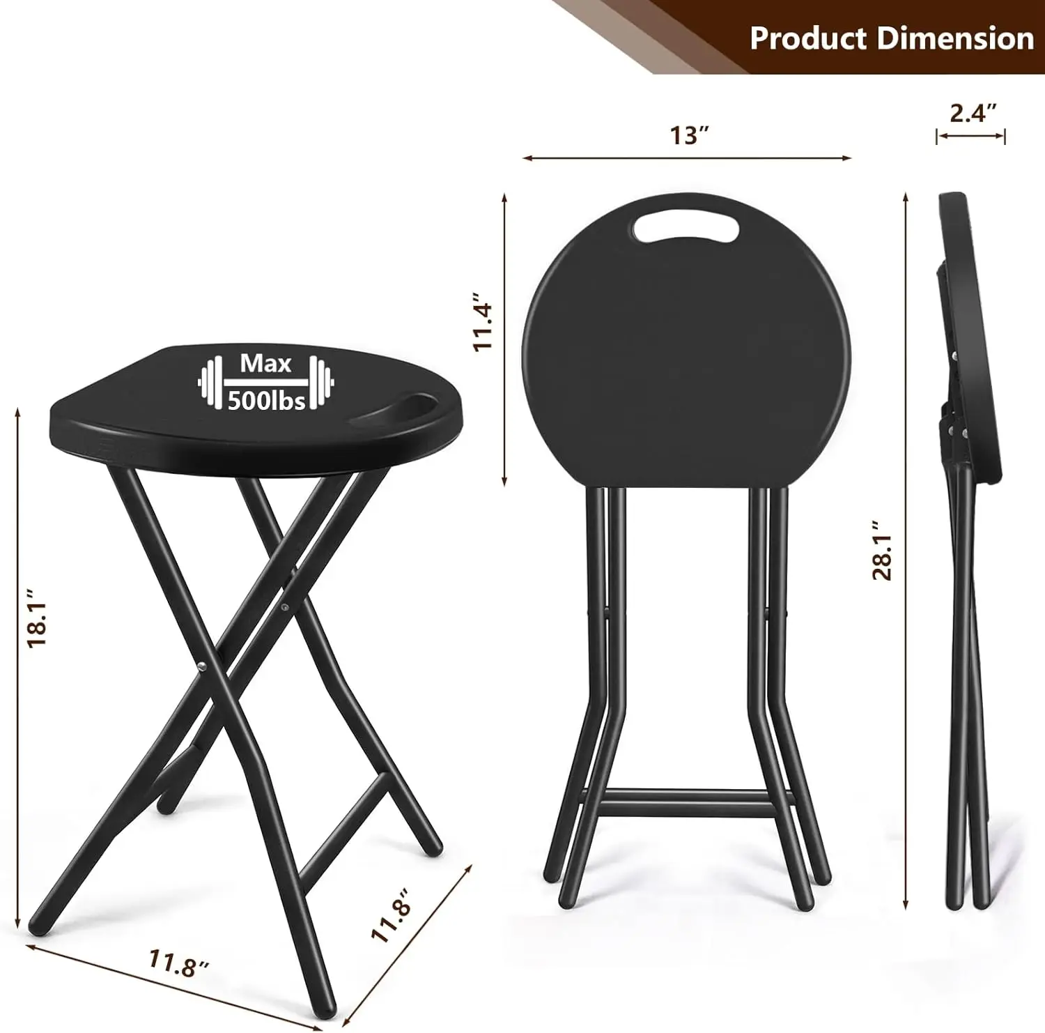 

Tavr Furniture Portable Folding Chair With Handle, Heavy Duty Round Fold Stool Chair With 500Lbs Capacity For Adults, 18 Inch