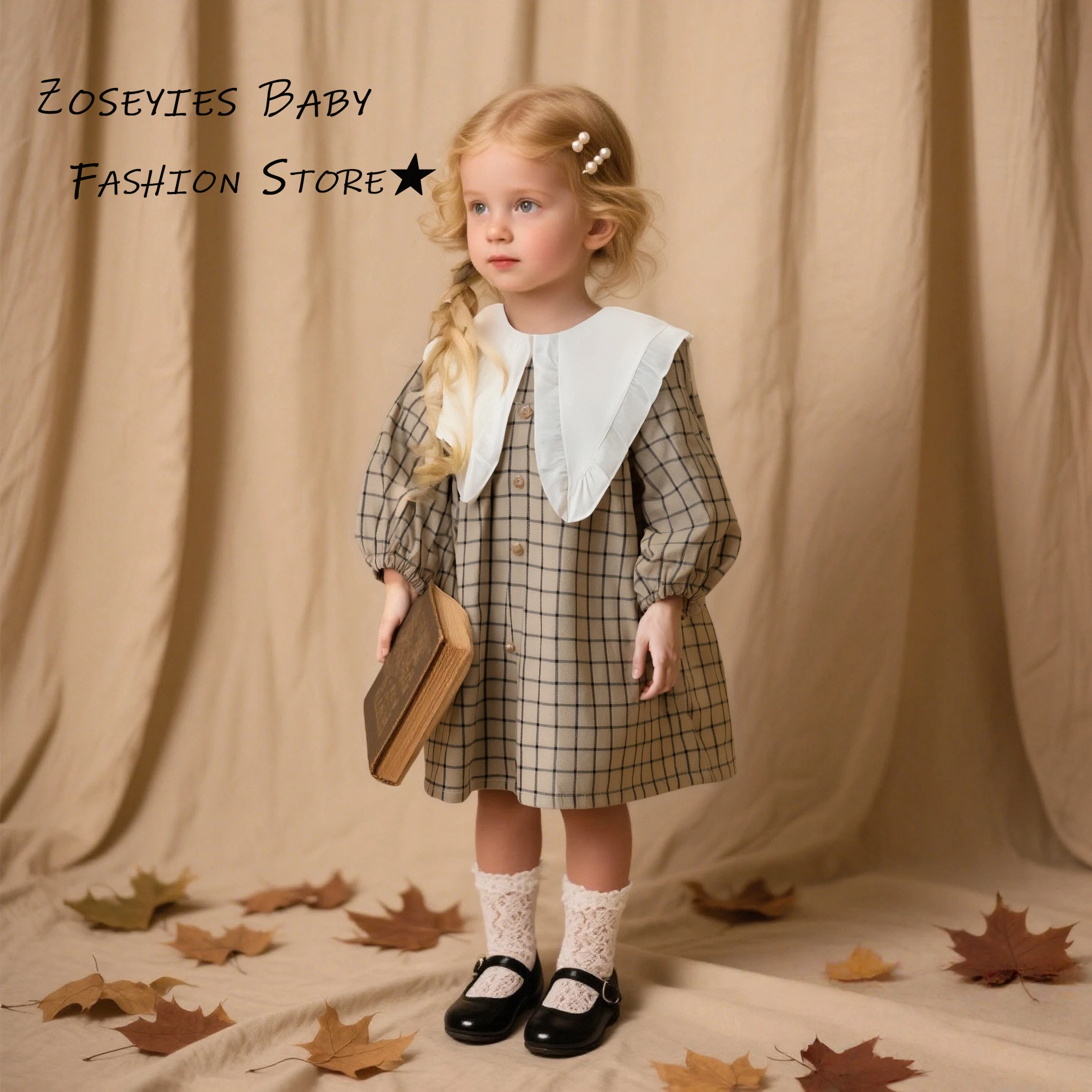 Girls' Dress Spring And Autumn Checkered Cotton Long-Sleeved Baby Girl Dress Cute Collared Princess Baby Dress Baby Girl Clothes