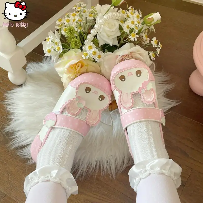 

Kawaii Melody Lolita Shoes Sanrio Sweet Student Girl Мультяшные кожаные туфли на плоской подошве с круглым носком и мягкой подошвой Туфли принцессы Повседневная обувь