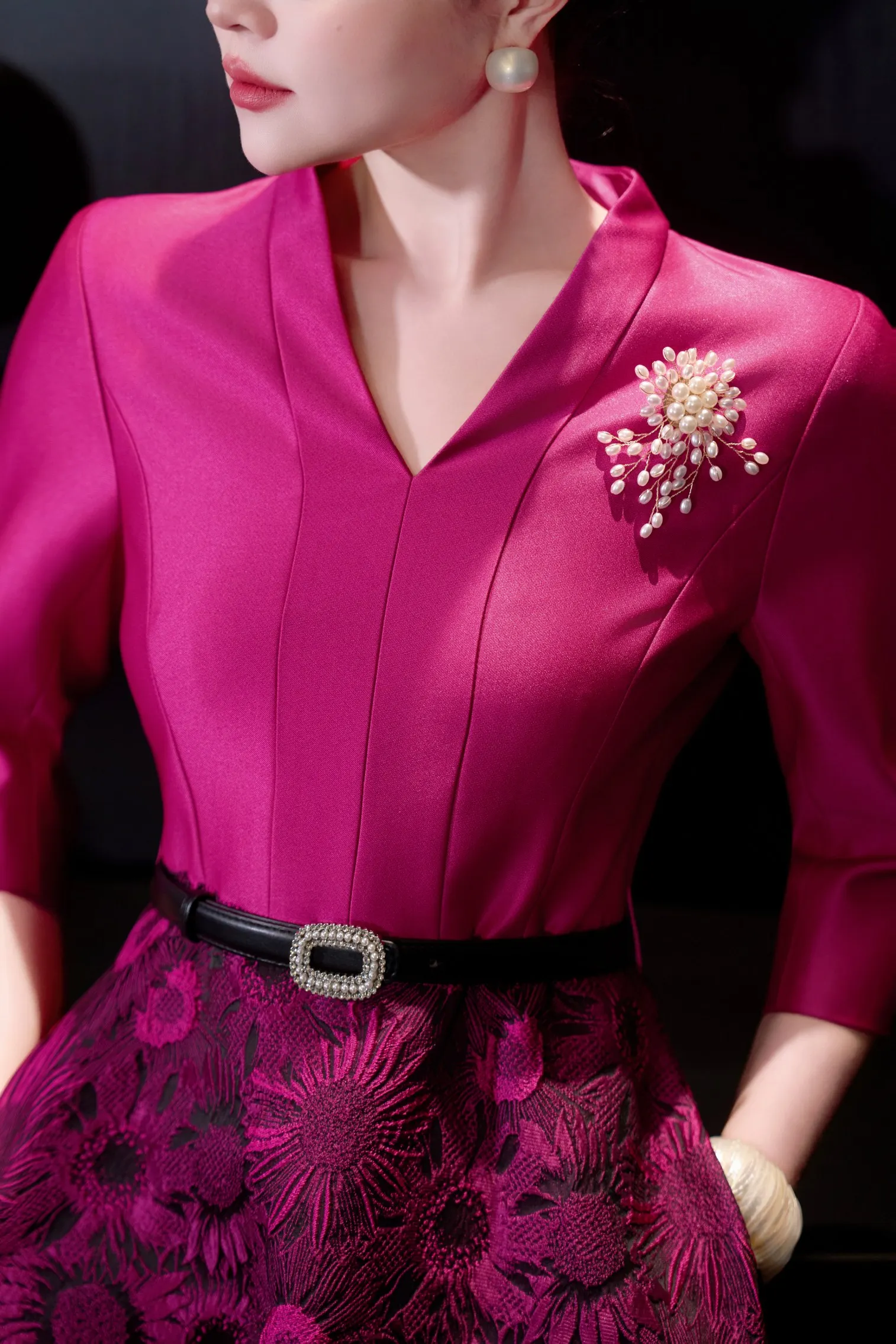 ZJYT primavera nuevo 2026 elegante Midi Vintage vestidos de Jacquard para mujeres mangas tres cuartos cuello en V vestido de fiesta de lujo bata femenina