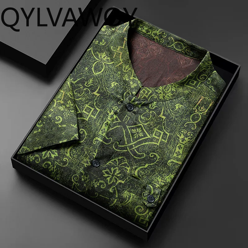 QYLVAWOY 100% Mulberry Silk Men's Shirts Stand Collar Shirt Short Sleeve Summer Tops Shirts for Man Thin T Shirt Homme Green 셔츠