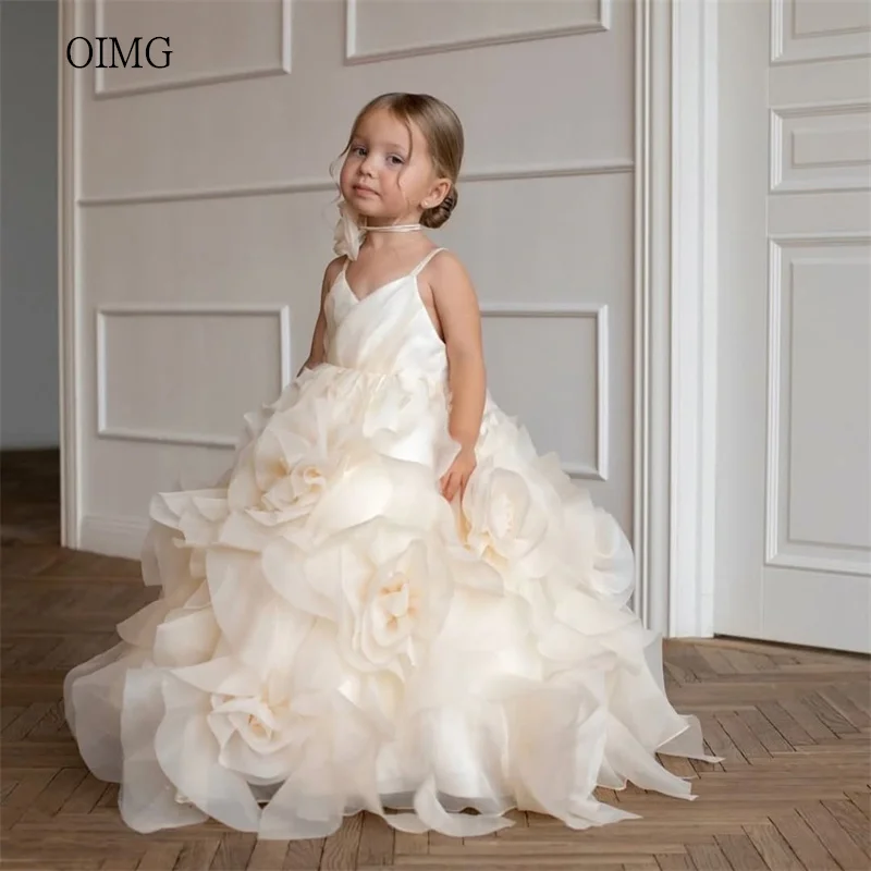 

OIMG Opulent Spaghetti Strap Ball Flower Girl Dresses Ruffled Tiered Wedding Party Dress Floor Length Birthday Dress Customized