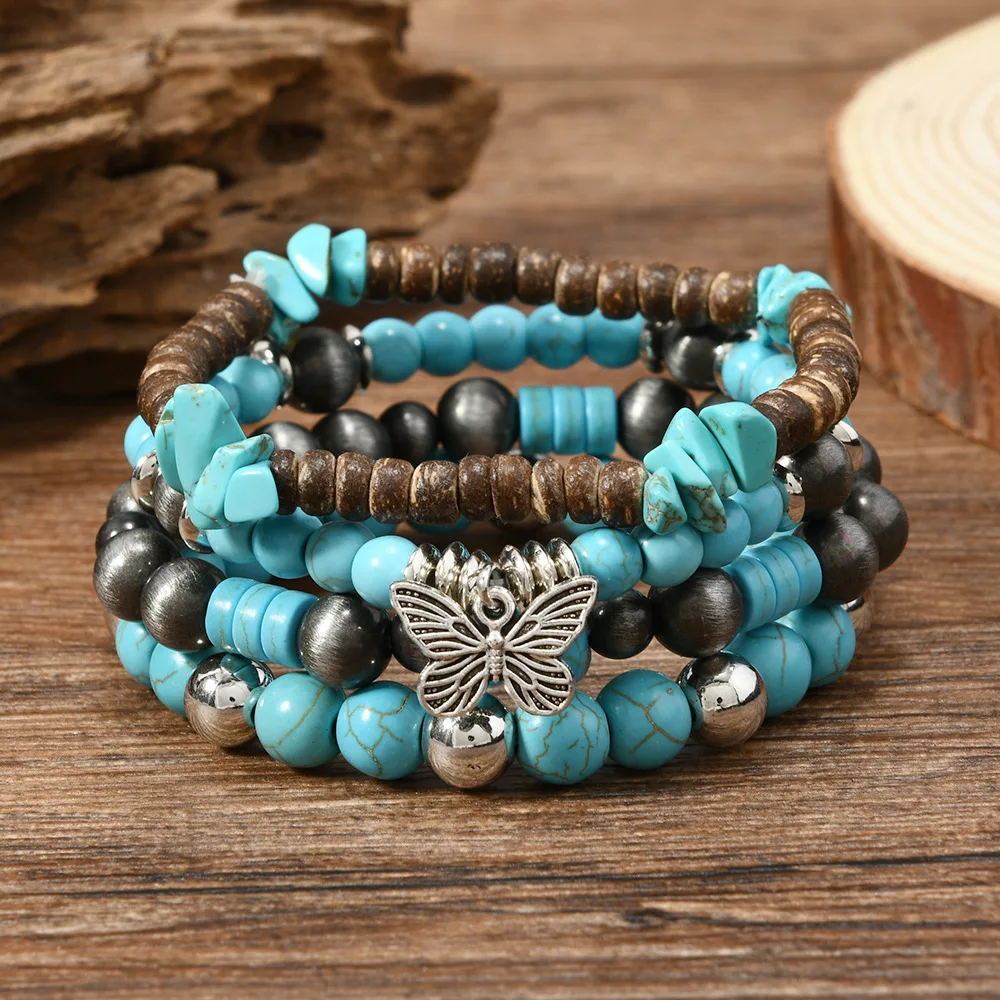 

Bohemia Fashion Vintage Beaded Bracelets For Men Ethnic Turquoise Nature Stone Butterfly Bracelets Accessory Gifts For Friend