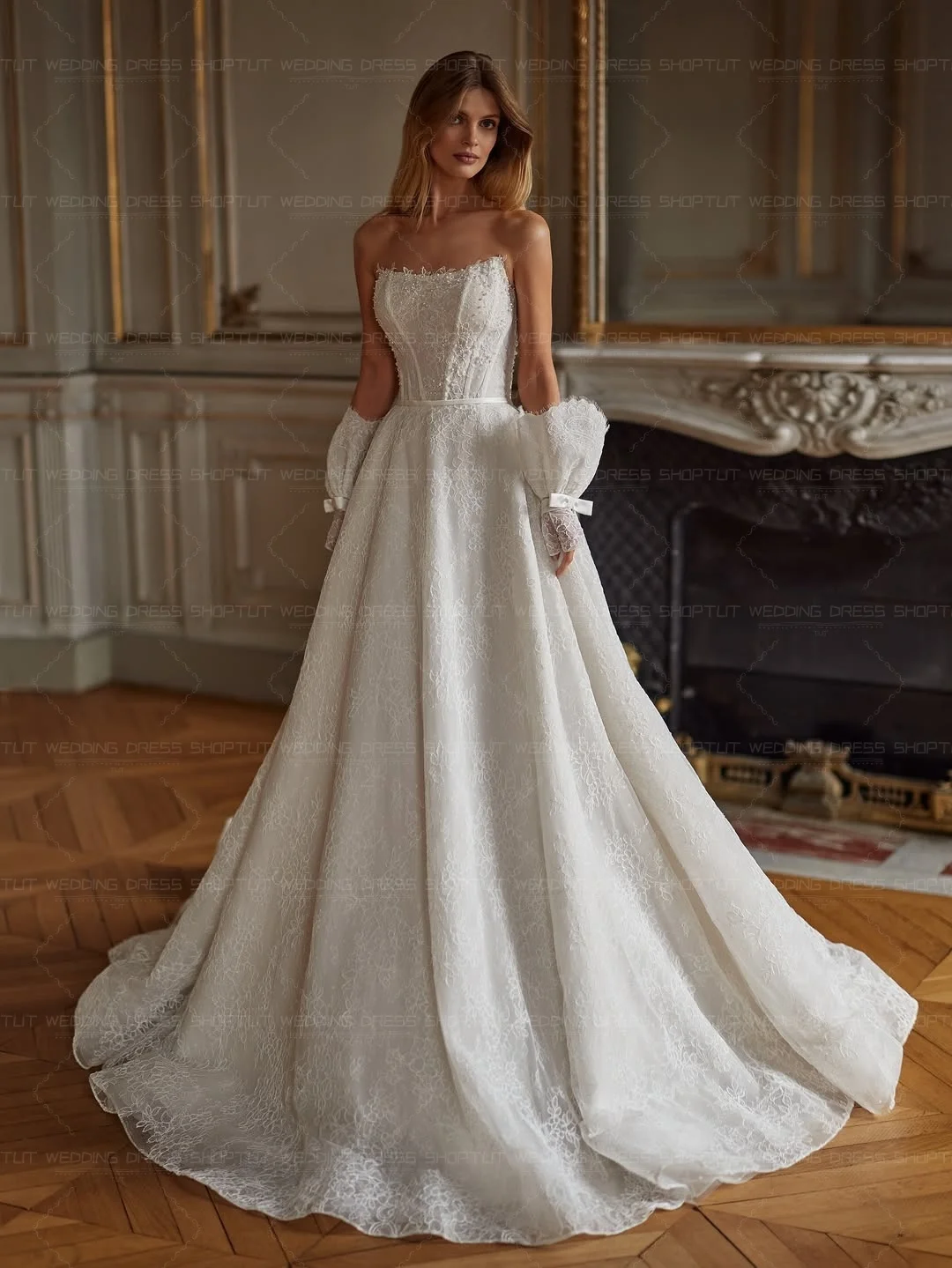 TLIT Vintage Ivory Lace A-Line Wedding Dresses Customized Strapless  فساتين زفاف Lace Cuff and Lace Shawl Gloves Bridal Gowns