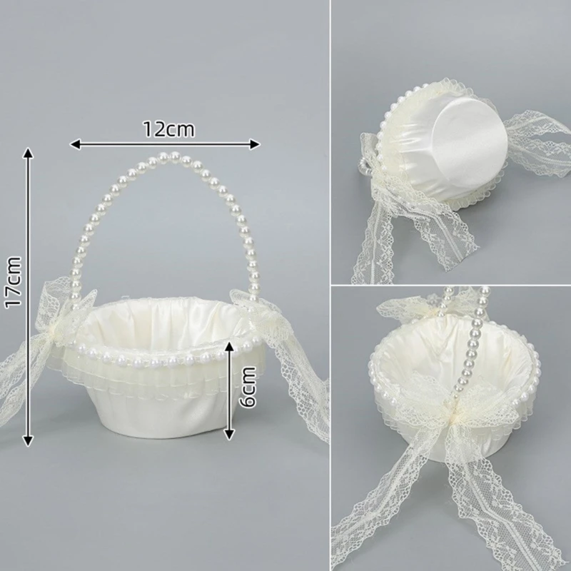 H55A Flower Girl Basket for Wedding Laced Flower Baskets Pearls Handle Tassels Decors