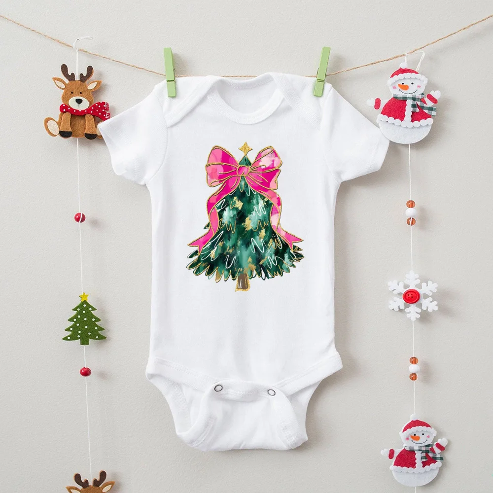 Christmas Tree Bow Printed Baby Badysuit Christmas Vibes Newborn Romper Xmas Party Infant Outfit Newborn Short Sleeve Jumpsuit