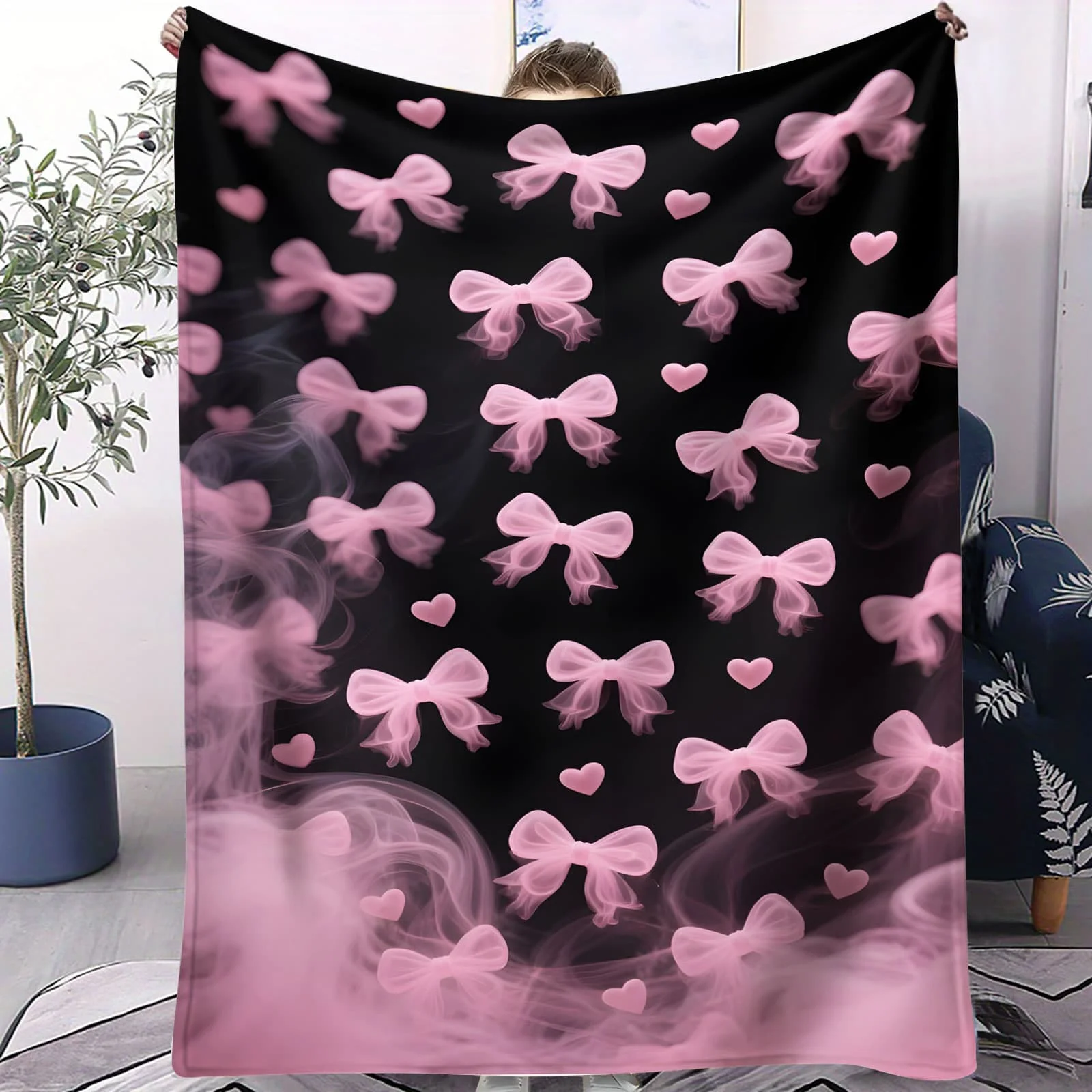 Manta de aire acondicionado con forma de corazón y lazo rosa y negro, manta para siesta de diseño romántico para sala de estar y sofá, acogedora manta para decoración del hogar