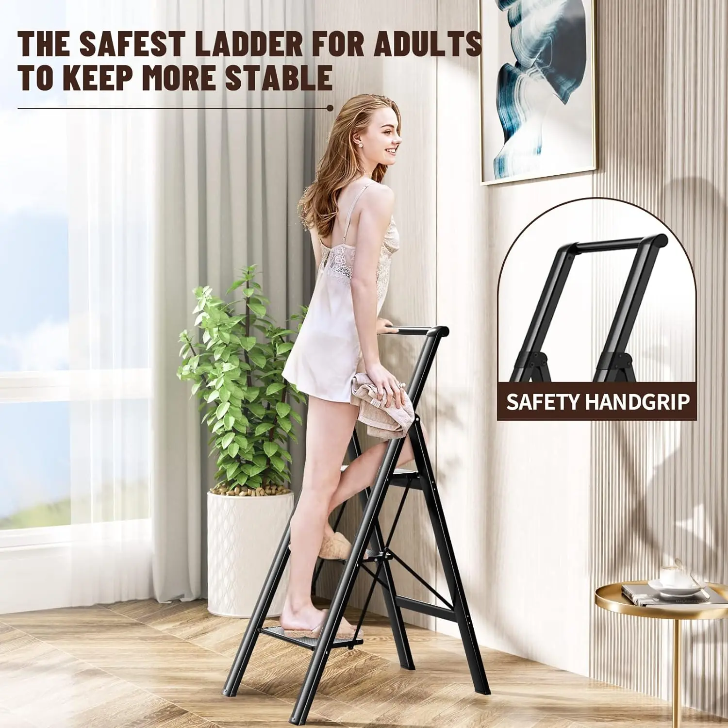 3 Step Ladder Folding Step Stool with Wide Non-Slip Sturdy Treads and Convenient Handles Aluminum Lightweight Portable Adult