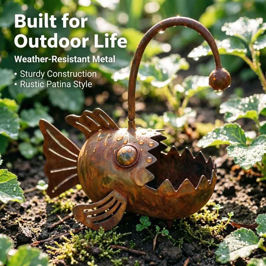 Rusty Metal Fish Planter Flower, Pot Outdoor Garden Yard Art, Lantern Style Succulent Container Patio, Lawn Decoration Ornament