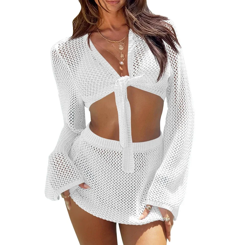 MORODER Nieuwe Europese en Amerikaanse stijl Sexy vetertop met korte mouwen en uitgesneden details Strandvakantie Gebreide strandjurk Se