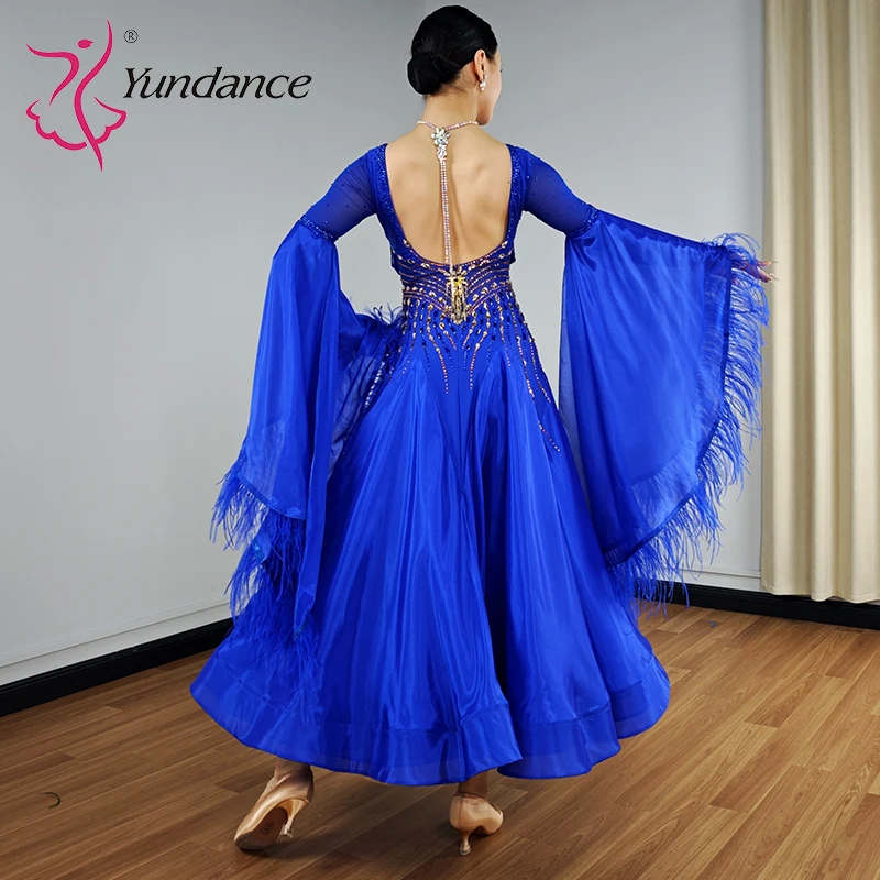 B-25136 Trajes de baile lírico Yundance para mujer, baile de salón, vestidos de baile de vals de gasa satinada azul real para competición