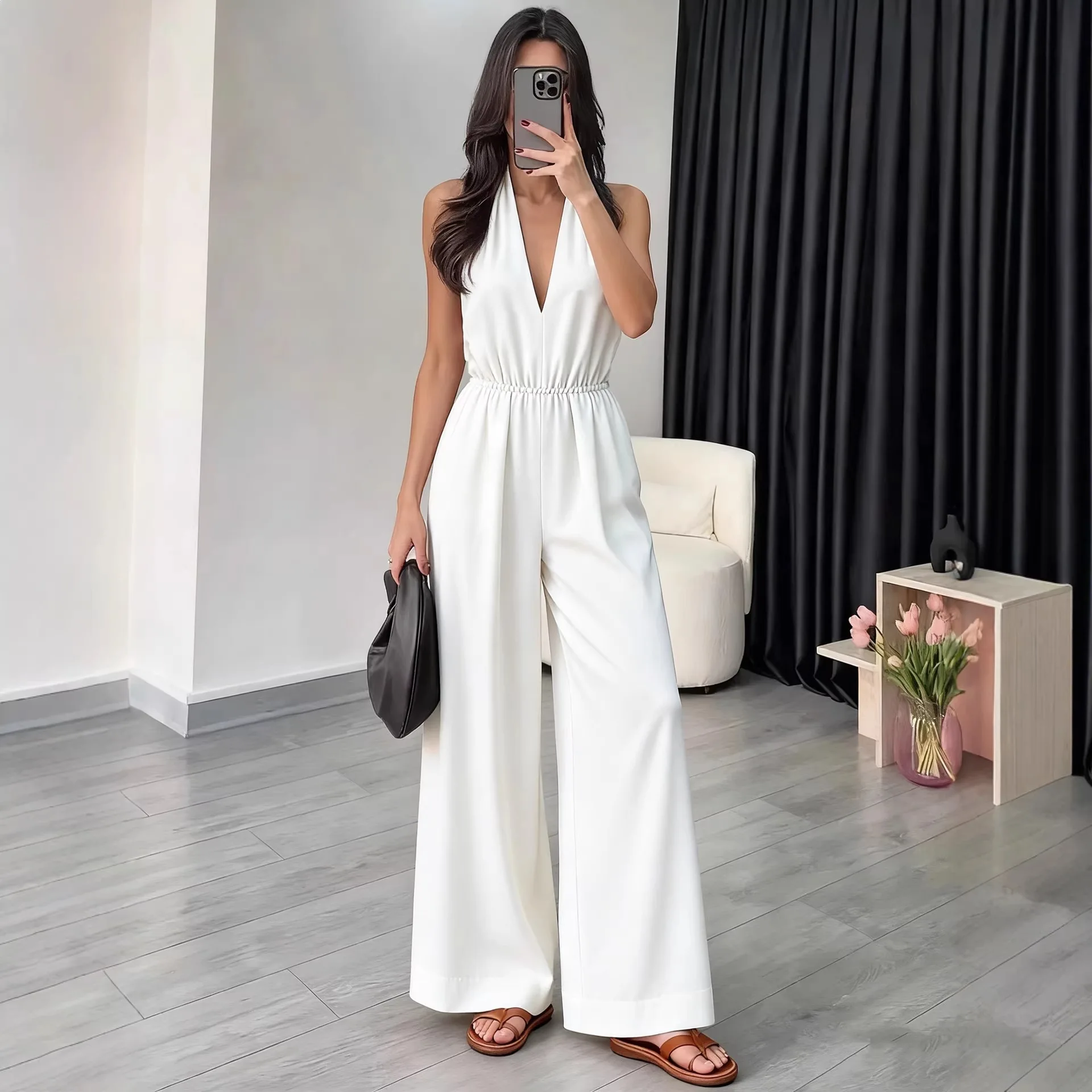 

Women's 2026 New V-Neck Halter Jumpsuit – Designer French Style Wide Leg Romper, Chic Office Casual One Piece