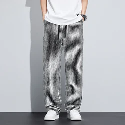 Spring Summer Stripe Casual Pants Men Wear Loose Straight Wide Leg Drawstring Elastic Waist Pant Jogger Trousers Male Streetwear