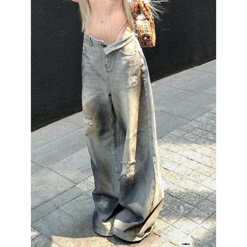 

2026 New Arrival Women's Plus Size Washed Faded Distressed Jeans Loose Straight Wide Leg Draping Trousers