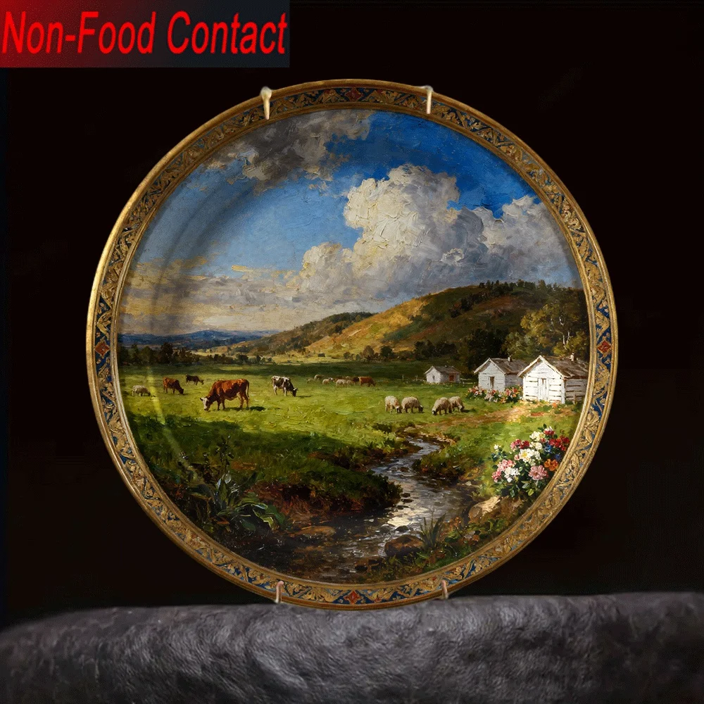2D Flat, 2D 1pc Ceramic Decorative Plate with Countryside Oil Painting Design, Non-Consumable Pure Decoration, Home Desktop Art