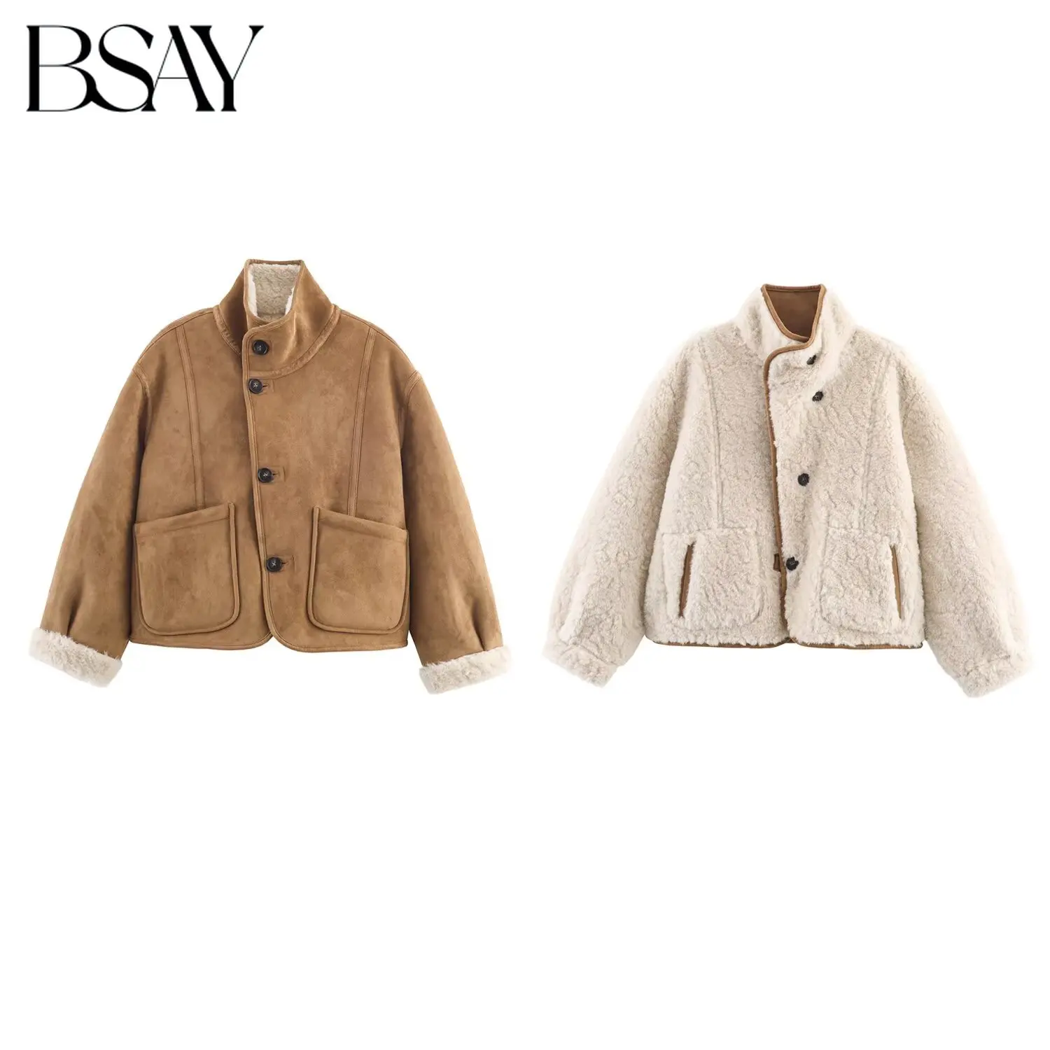 

BSAY Jacket for Women Fashion Winter New Solid Long Sleeved Turtleneck Single-breasted Pocket Short Coats Chic Ladies Tops