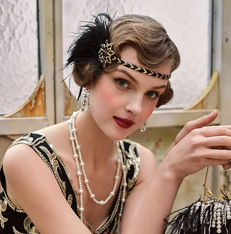 1920s Gatsby z piórami opaska na głowę rycząca nakrycie głowy z lat 20. Gatsby strusie pióra nakrycie głowy z kryształu