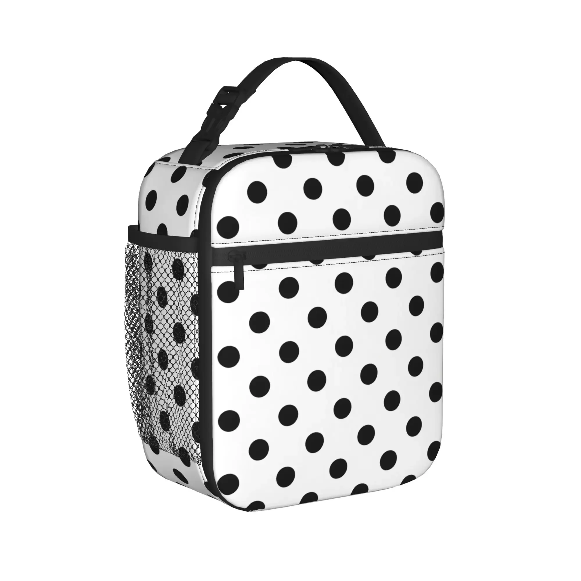 Monochrome Polka Dot Lunch Bag Kawaii Travel Lunch Box Graphic Portable Insulated Thermal Tote Handbags