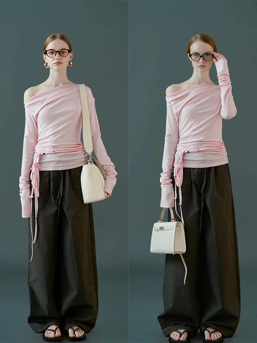 

Женский вязаный свитер AHMI с длинными рукавами для весны и осени, асимметричный дизайн с завязками на плечах, розовый топ, модная новинка