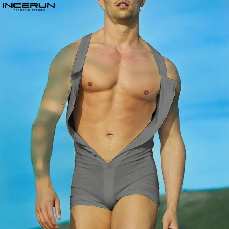 

INCERUN 2023 Summer Men Bodysuits Solid O-neck Sleeveless Button Up Rompers Pajamas Skinny Sexy Male Bodysuit Underwear S-5XL 7