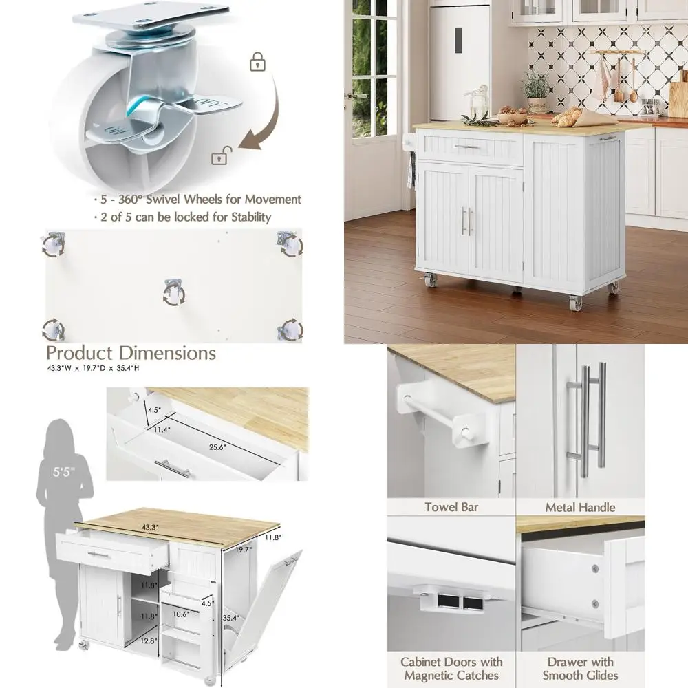 43.3 Mobile Kitchen Island with Storage, Drop Leaf Top, Trash Bin, and Towel Rack, White